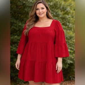 Red Square Neck Tiered Dress